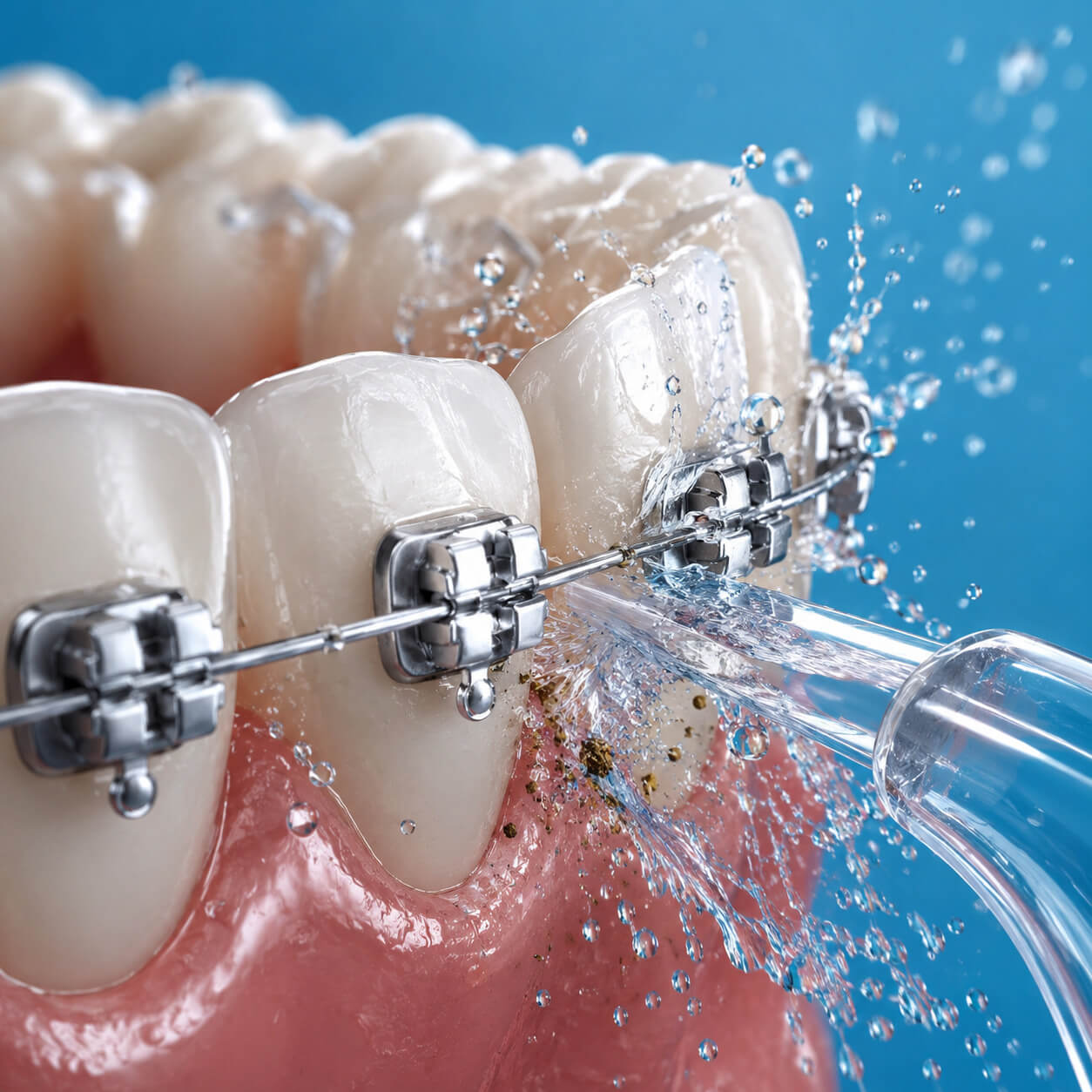 A professional 3D medical illustration showing the optimal water pressure stream cleaning dental plaque around orthodontic brackets and wires.