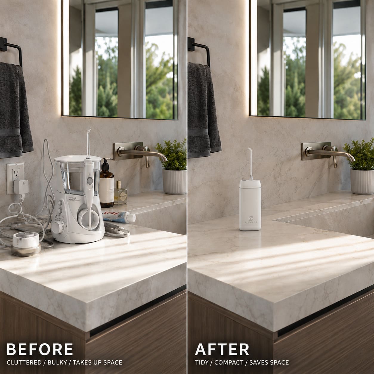 Split screen comparing a cluttered sink with a bulky countertop water flosser to a clean sink featuring a space-saving cordless water flosser.