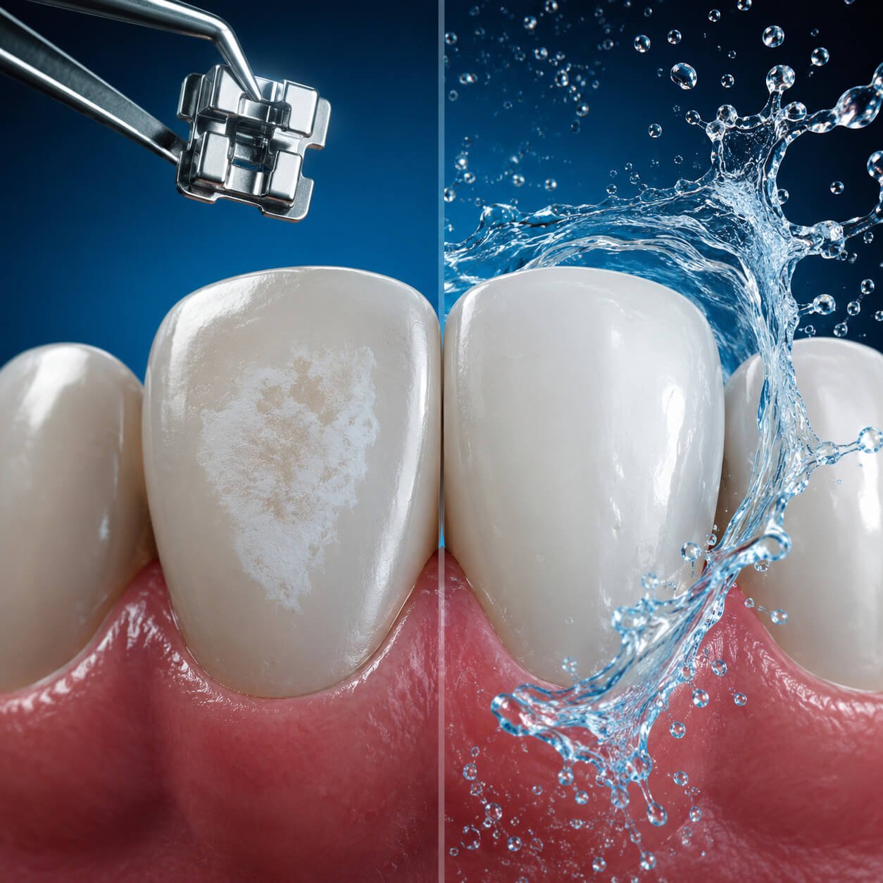 3D medical illustration comparing a tooth with permanent white spot lesions caused by braces decalcification versus a healthy, water-flossed tooth.
