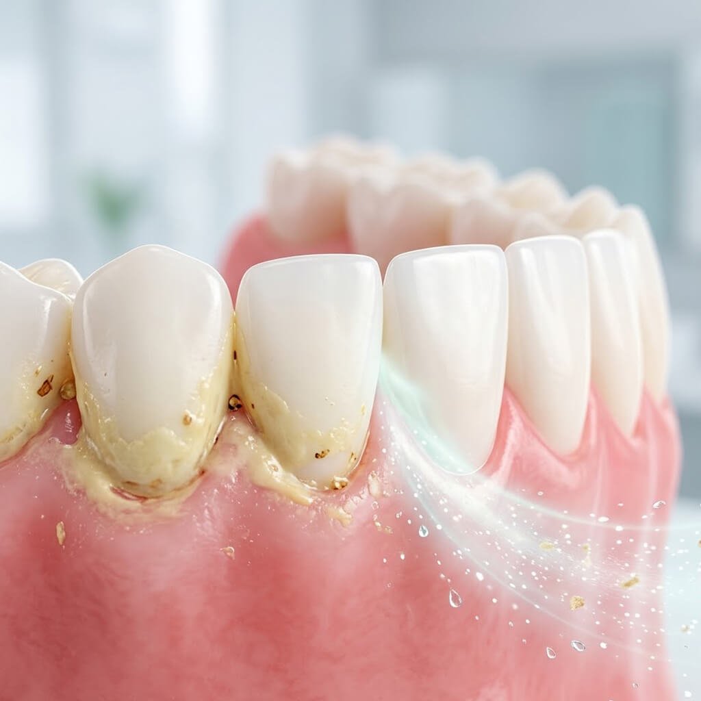Anatomical diagram showing receding gums and enamel abrasion caused by overbrushing and excessive manual pressure.