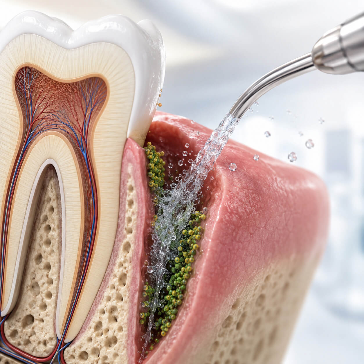 A professional 3D medical graphic showing pulsating water flushing out harmful plaque biofilm from a deep subgingival periodontal pocket.