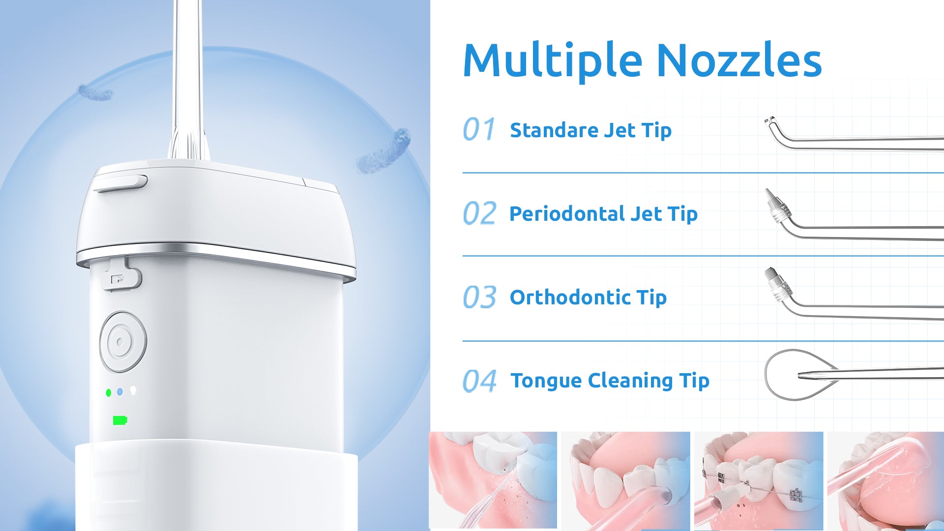 SYNHOPE Portable Water Flosser with multiple nozzles for comprehensive oral care, featuring pulsation technology and IPX7 waterproof design.