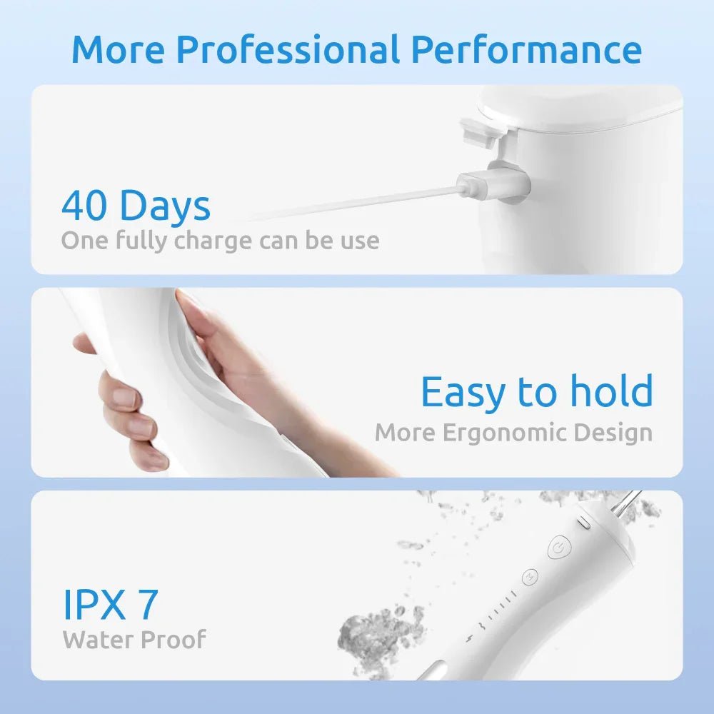 SYNHOPE Portable Water Flosser with IPX7 waterproof, 40-day battery, ergonomic grip for professional oral care at home or travel.