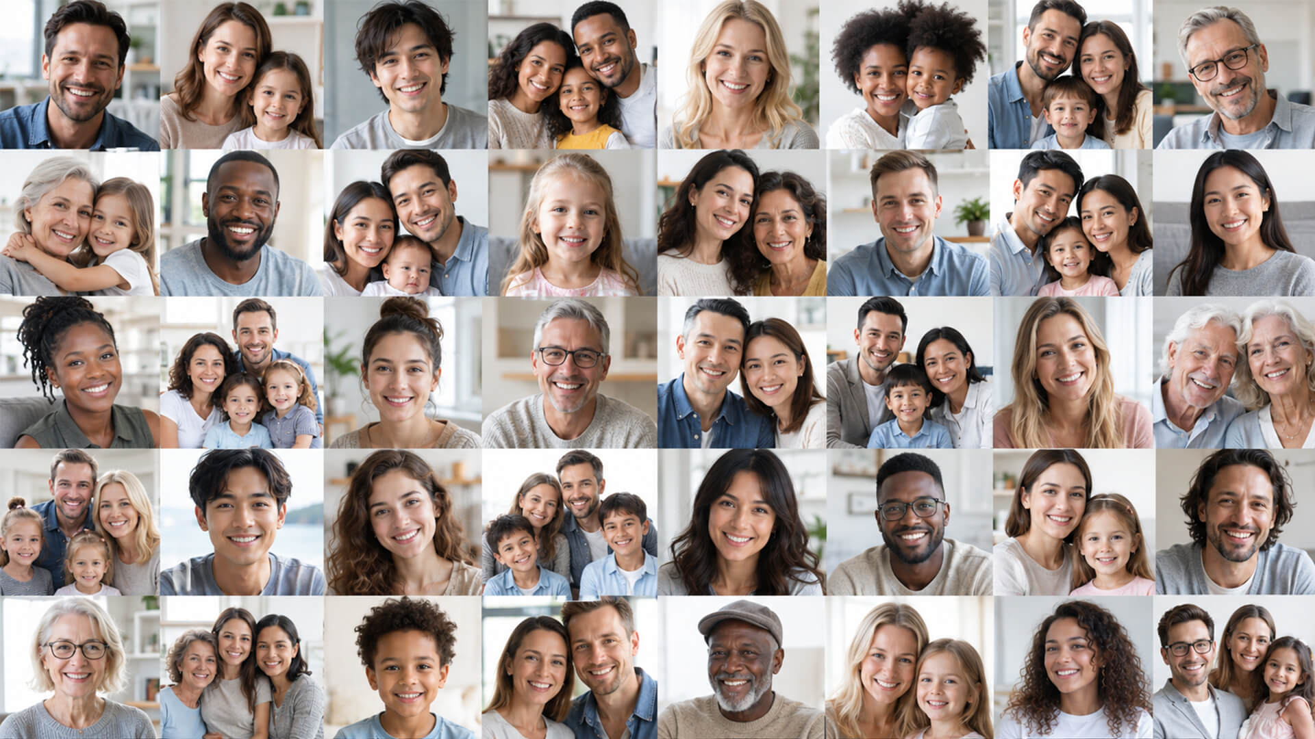 Diverse smiling families and individuals showcasing healthy smiles for comprehensive oral care routines at home and travel.
