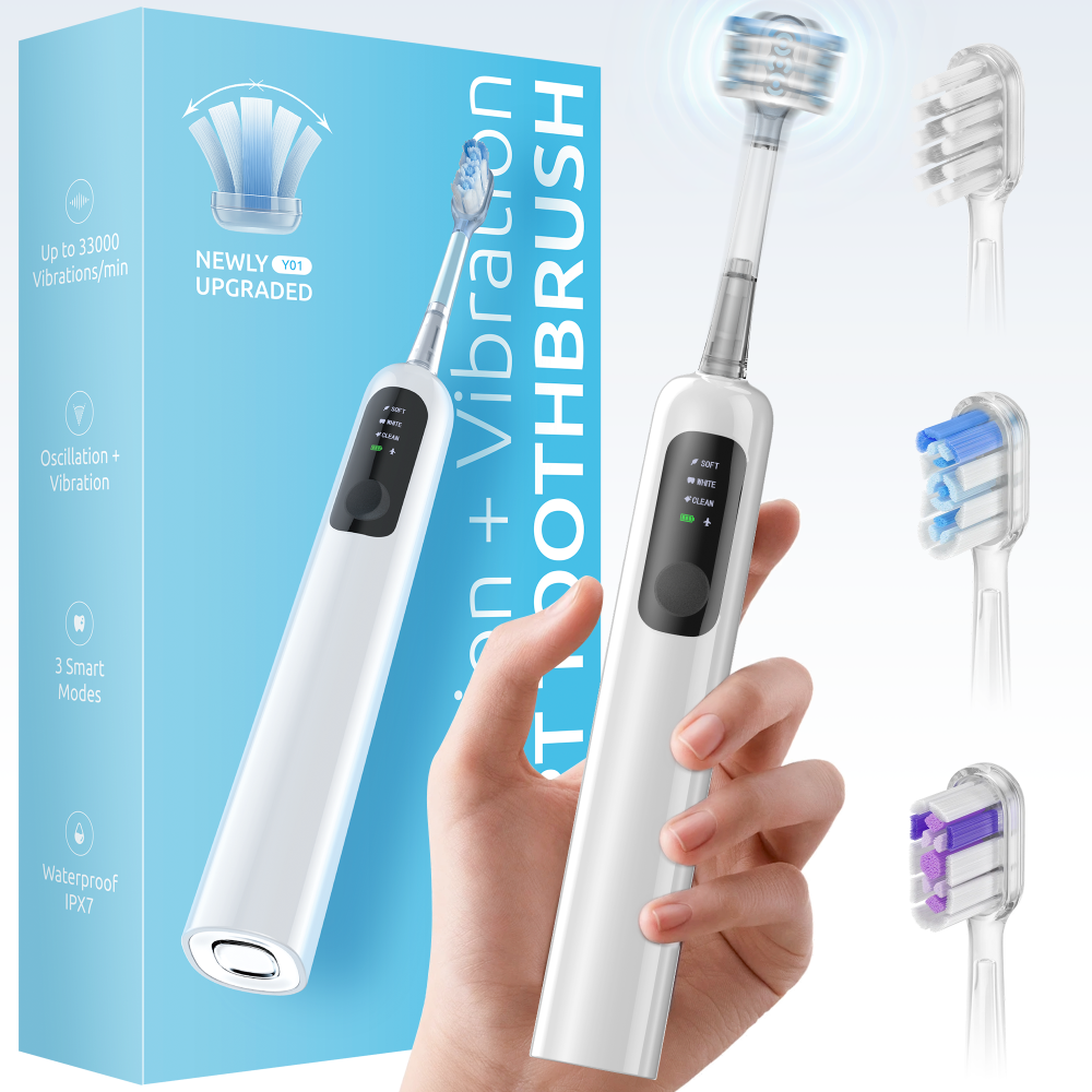 SYNHOPE Model Y01 Newly Upgraded Oscillating Sonic Toothbrush - 33,000 Vibrations/min with 60 Degree Wide Swing, 3 Smart Modes, IPX7 Waterproof, and 3 Functional Replacement Heads