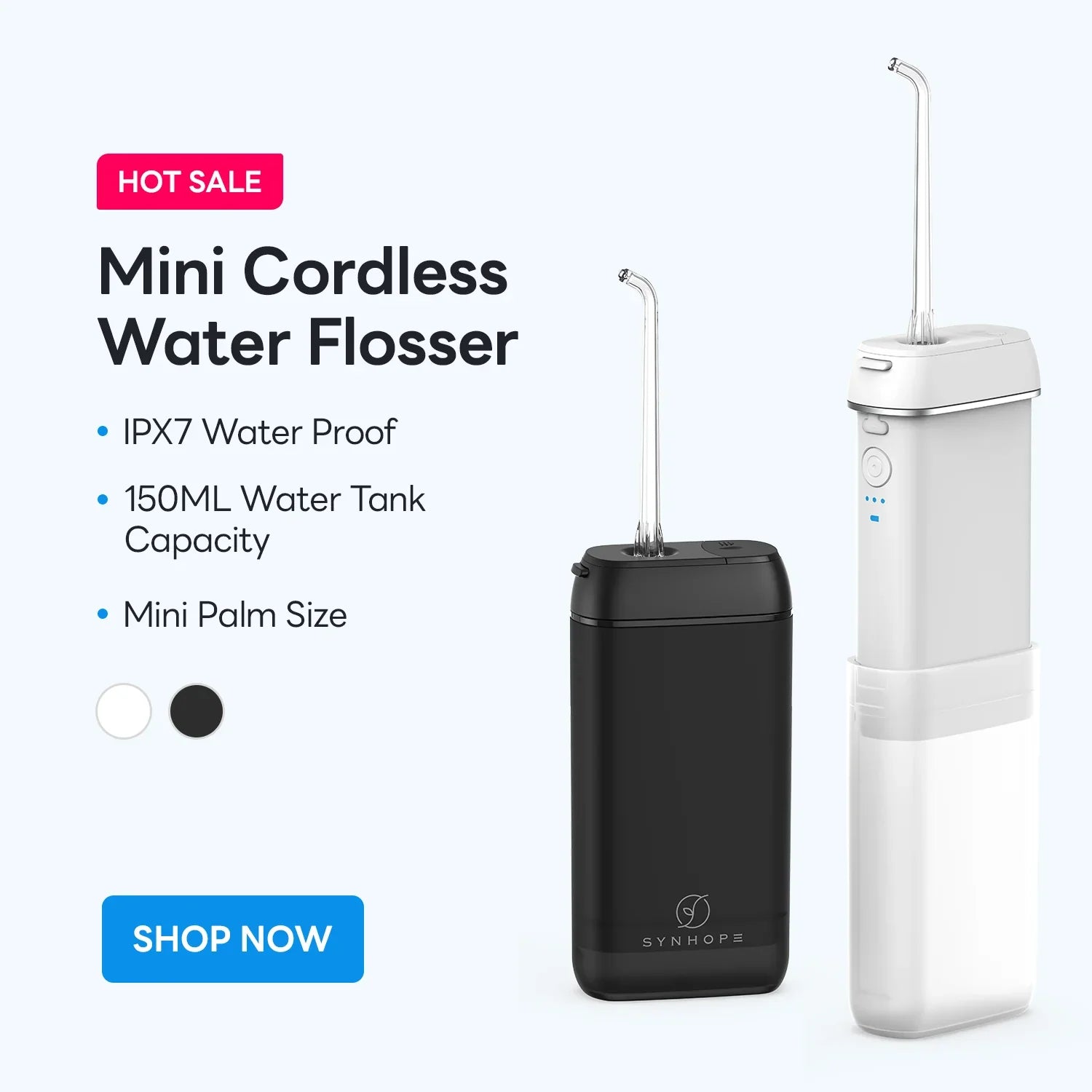 SYNHOPE Mini Cordless Water Flosser with IPX7 waterproof, 150ML tank, palm-sized for travel & home oral care
