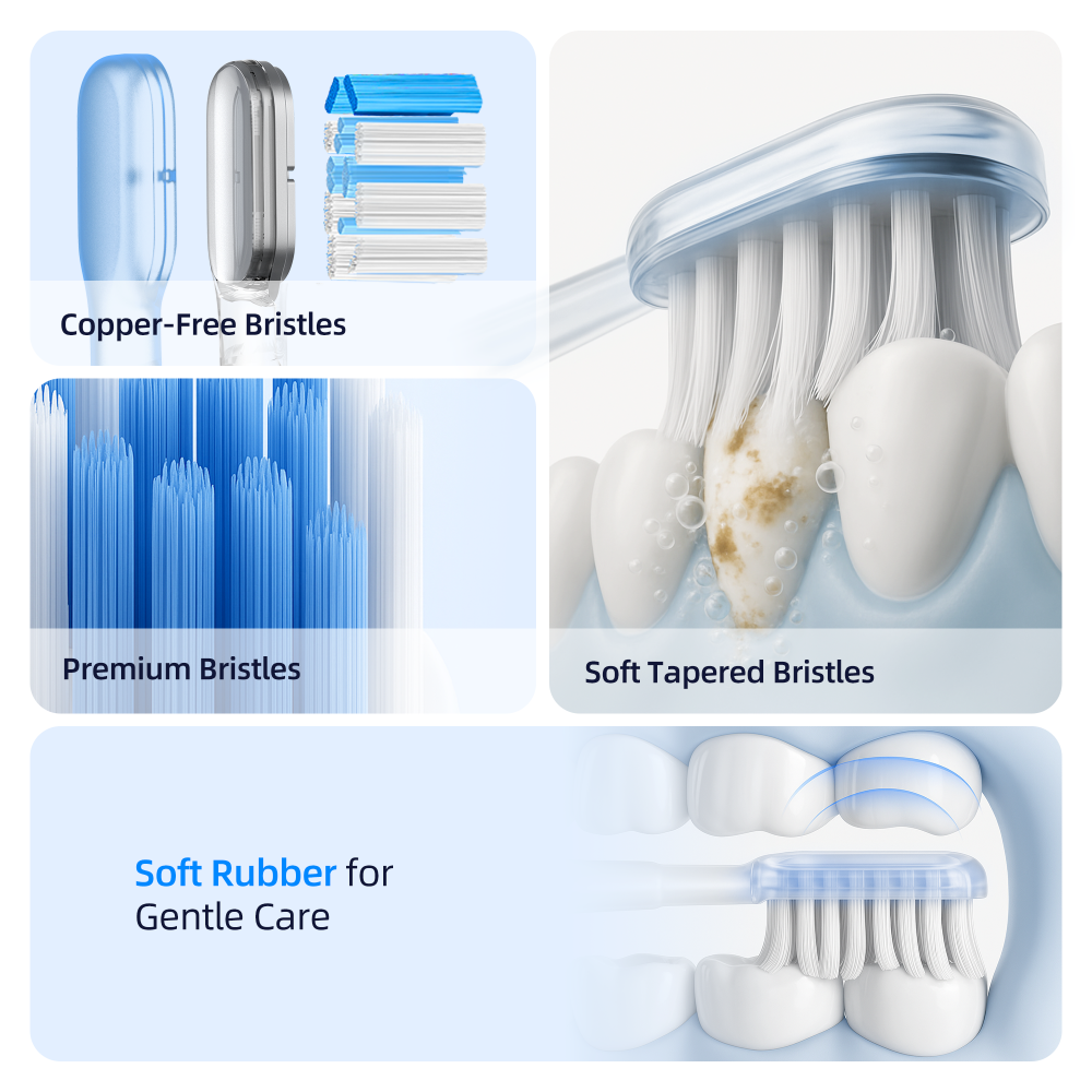 SYNHOPE Model Y01 Replacement Brush Head Features: Copper-Free Bristles for Hygiene, Premium Soft Tapered Bristles for Deep Cleaning, and Soft Rubber Backing for Gentle Gum Care