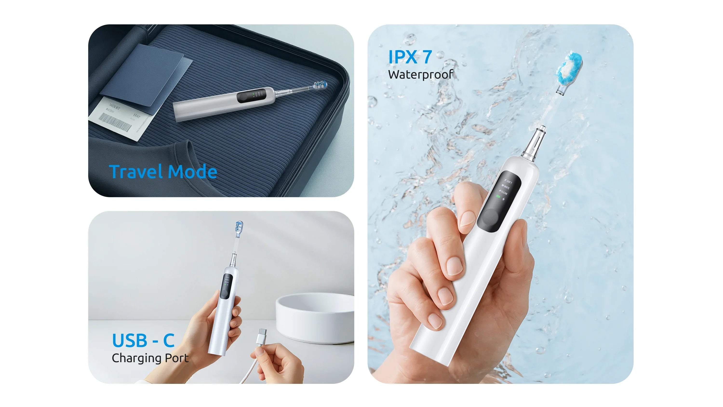 SYNHOPE Portable Water Flosser with IPX7 waterproof, USB-C charging, and travel mode for comprehensive oral care.
