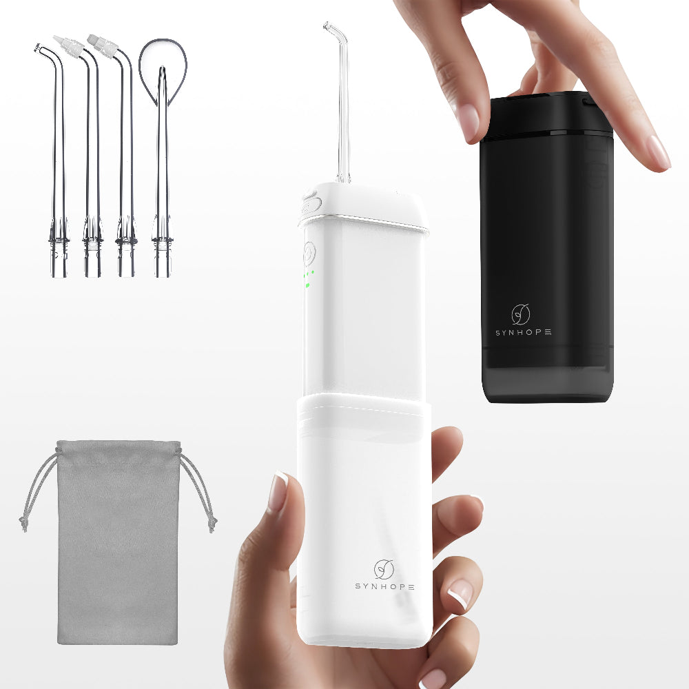 SYNHOPE Mini Portable Water Flosser - Black and White Cordless Oral Irrigator with 4 Replacement Jet Tips and Storage Pouch