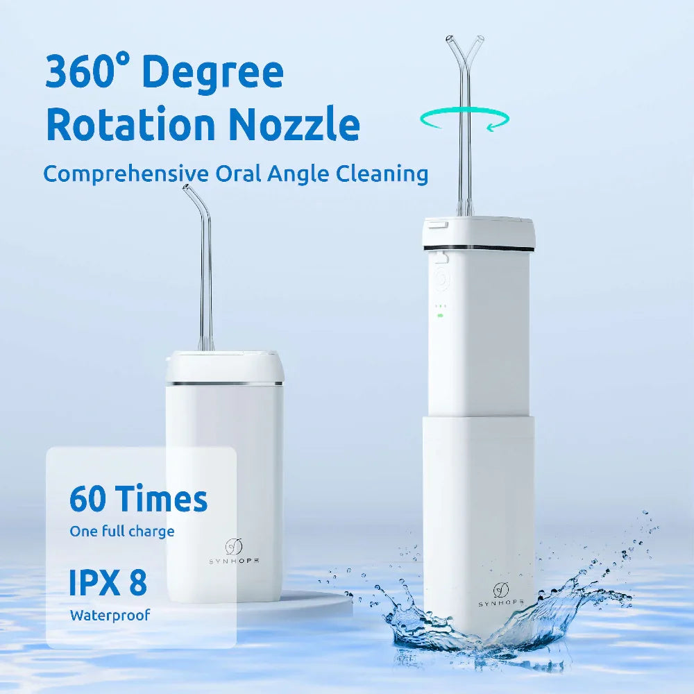 SYNHOPE Portable Water Flosser with 360° rotation nozzle, IPX8 waterproof, for comprehensive oral care at home or travel.