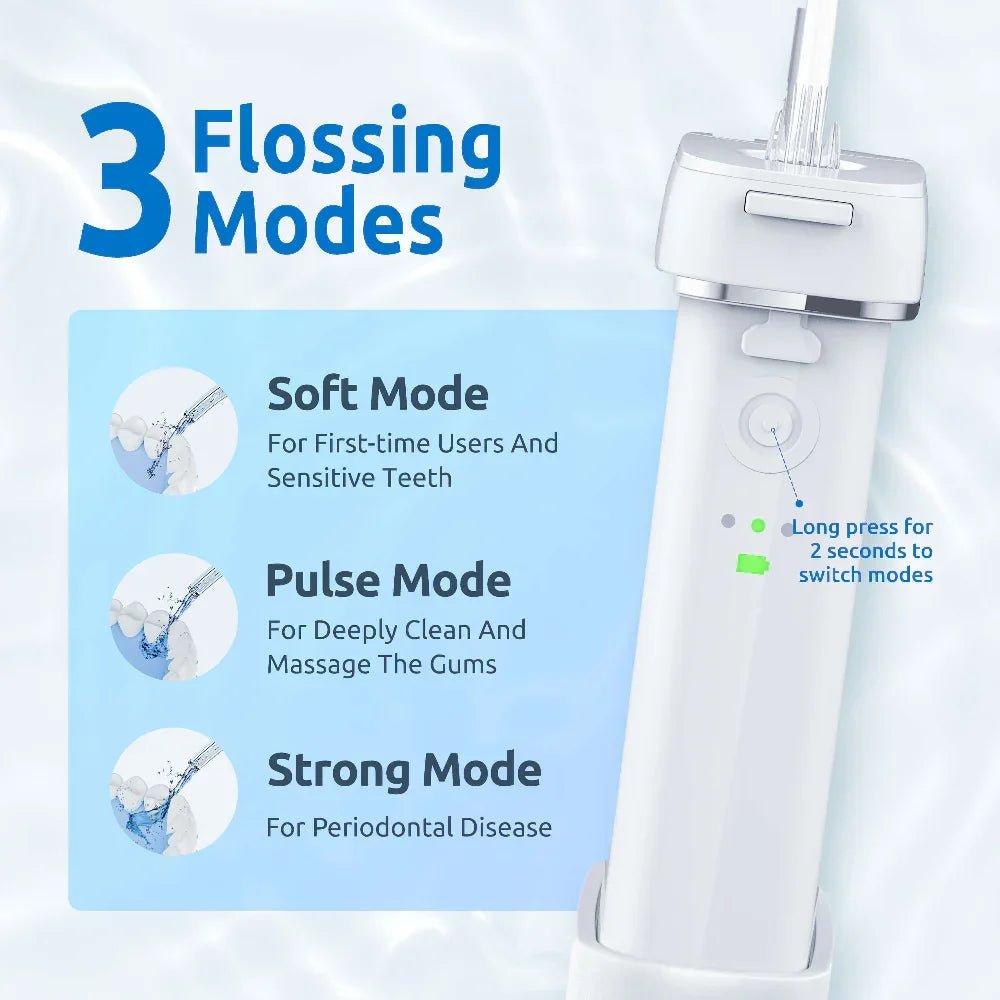 Soft, Pulse, and Strong cleaning modes on the SYNHOPE M6P water flosser