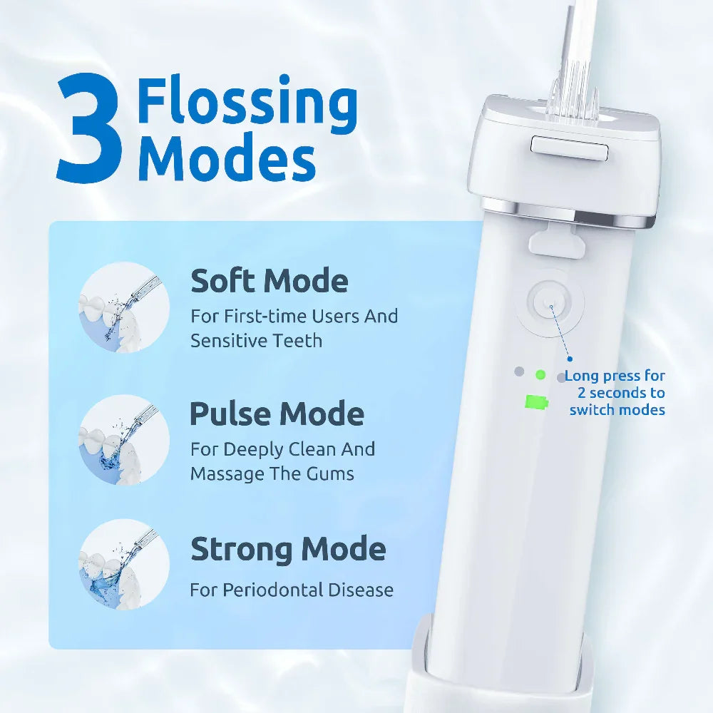 SYNHOPE Portable Water Flosser with 3 flossing modes: Soft, Pulse, Strong — ideal for sensitive teeth, gum massage, and periodontal care in a comprehensive oral routine.