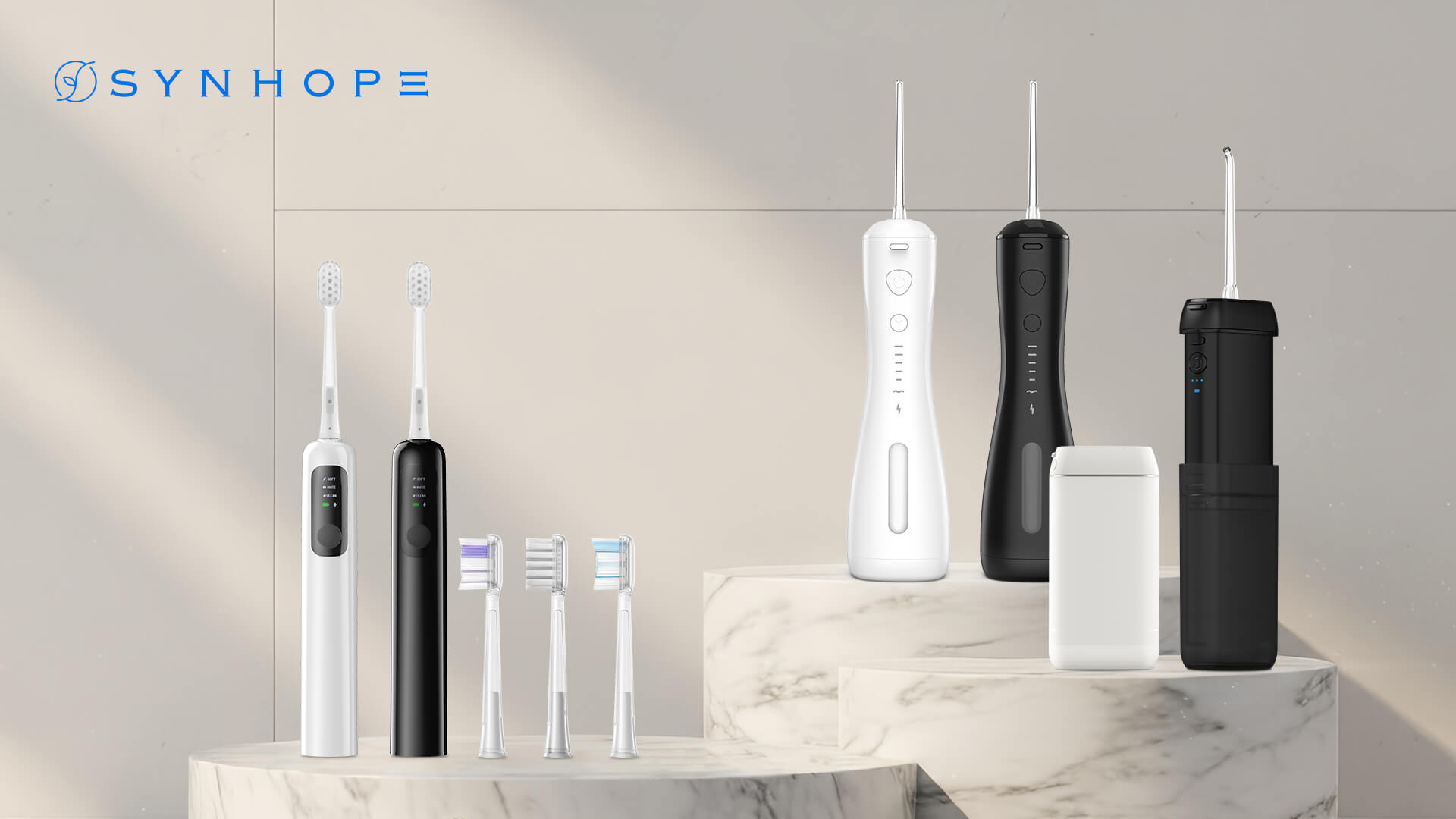 SYNHOPE Sonic Electric Toothbrush & Portable Water Flosser set for comprehensive oral care at home or travel, featuring premium bristles and IPX7 waterproof design.