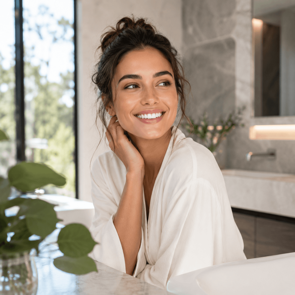 compact water flosser and toothbrush on bright bathroom counter with soft morning light