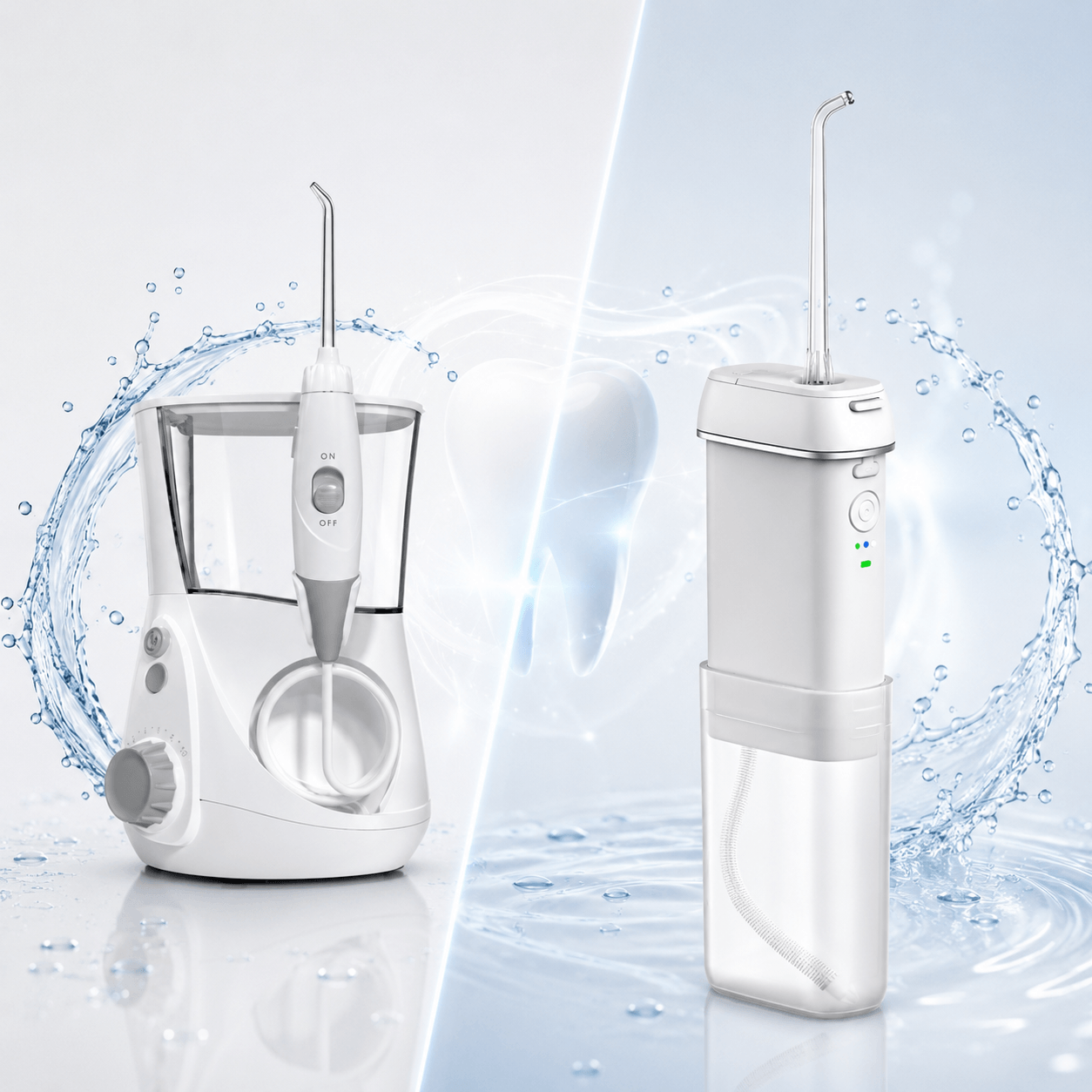 Side-by-side comparison of the pocket-sized SYNHOPE M6P cordless water flosser and a traditional bulky countertop Waterpik.