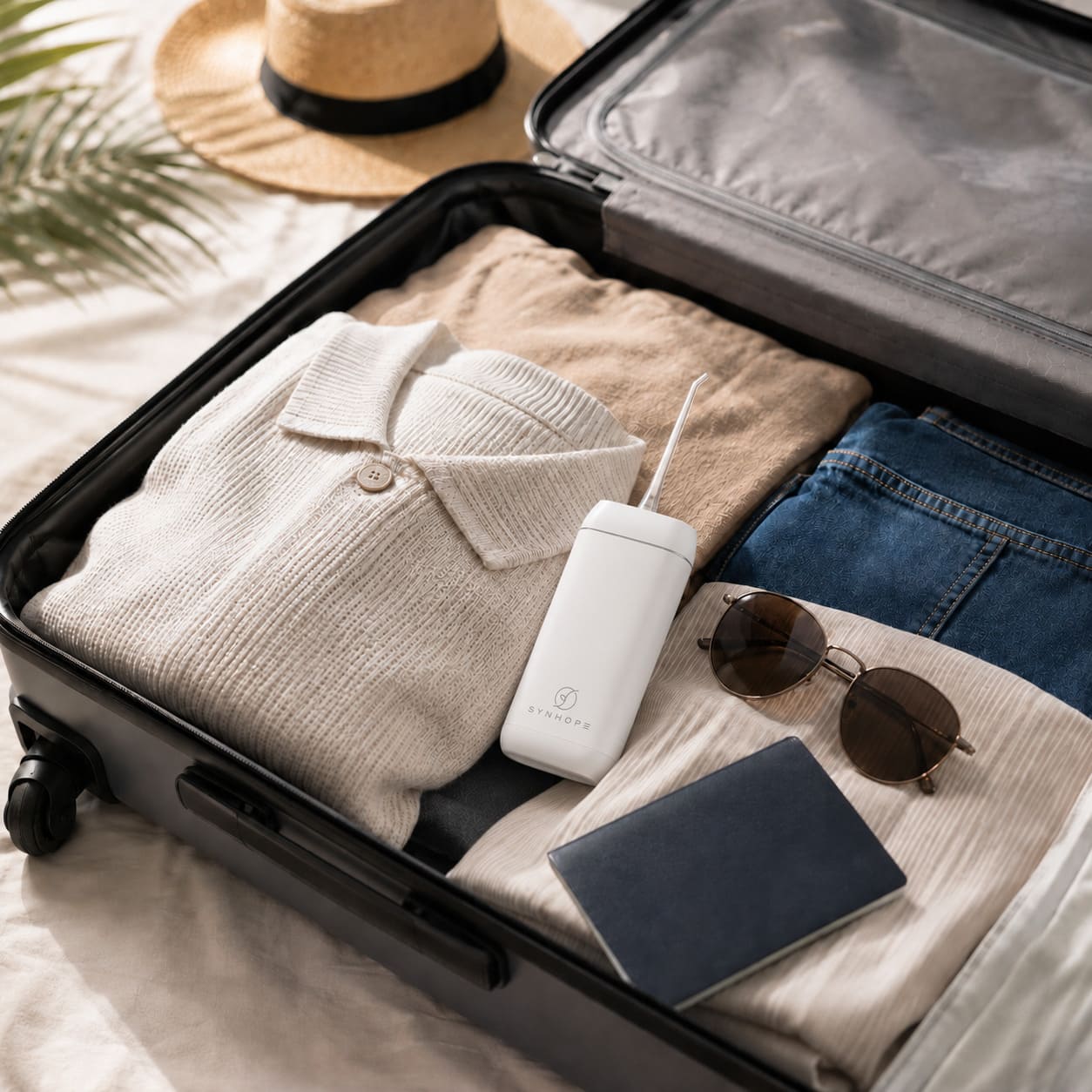 A sleek, portable water flosser neatly packed inside a carry-on suitcase alongside a passport and travel essentials for a flight, complying with TSA rules.