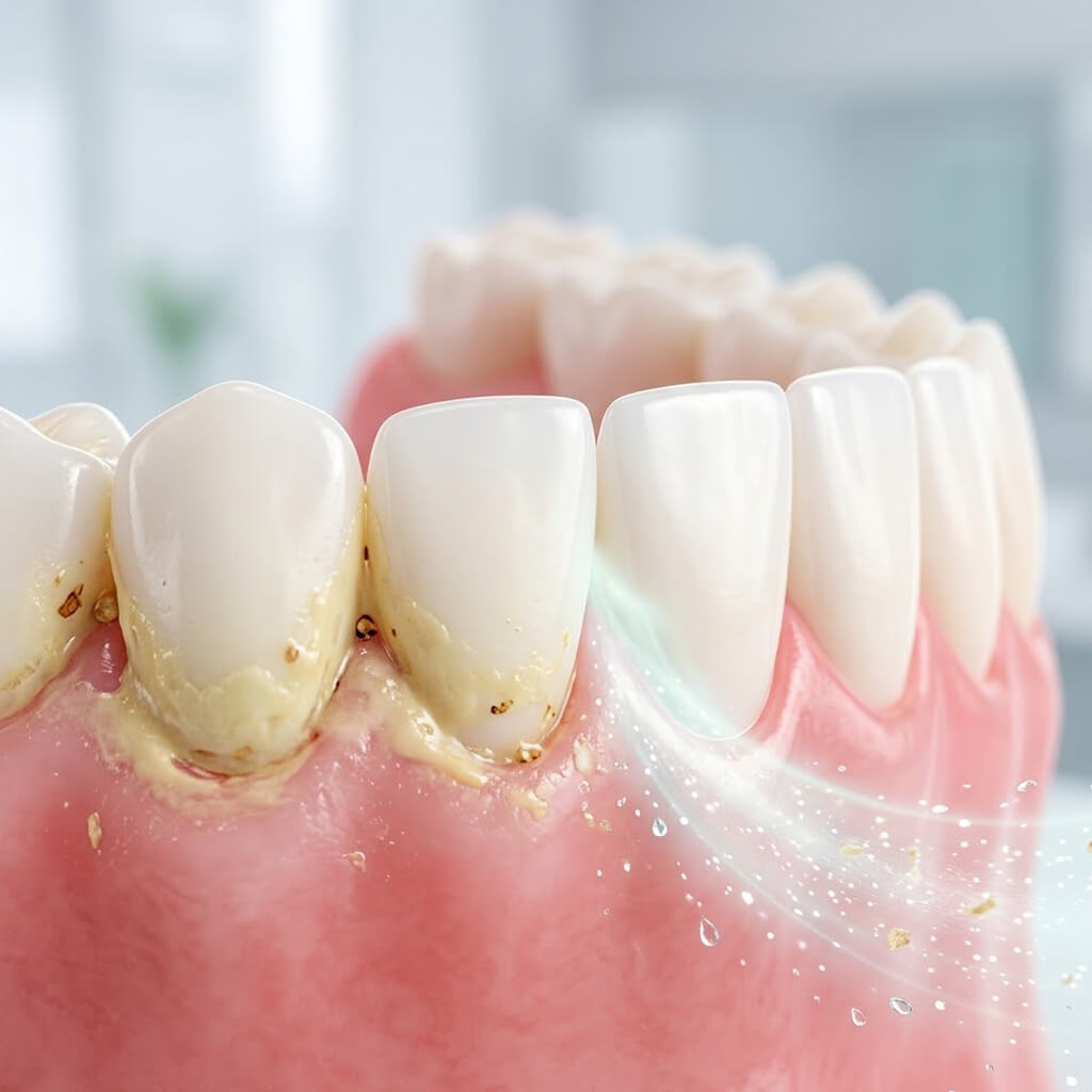 Anatomical diagram showing receding gums and enamel abrasion caused by overbrushing and excessive manual pressure.