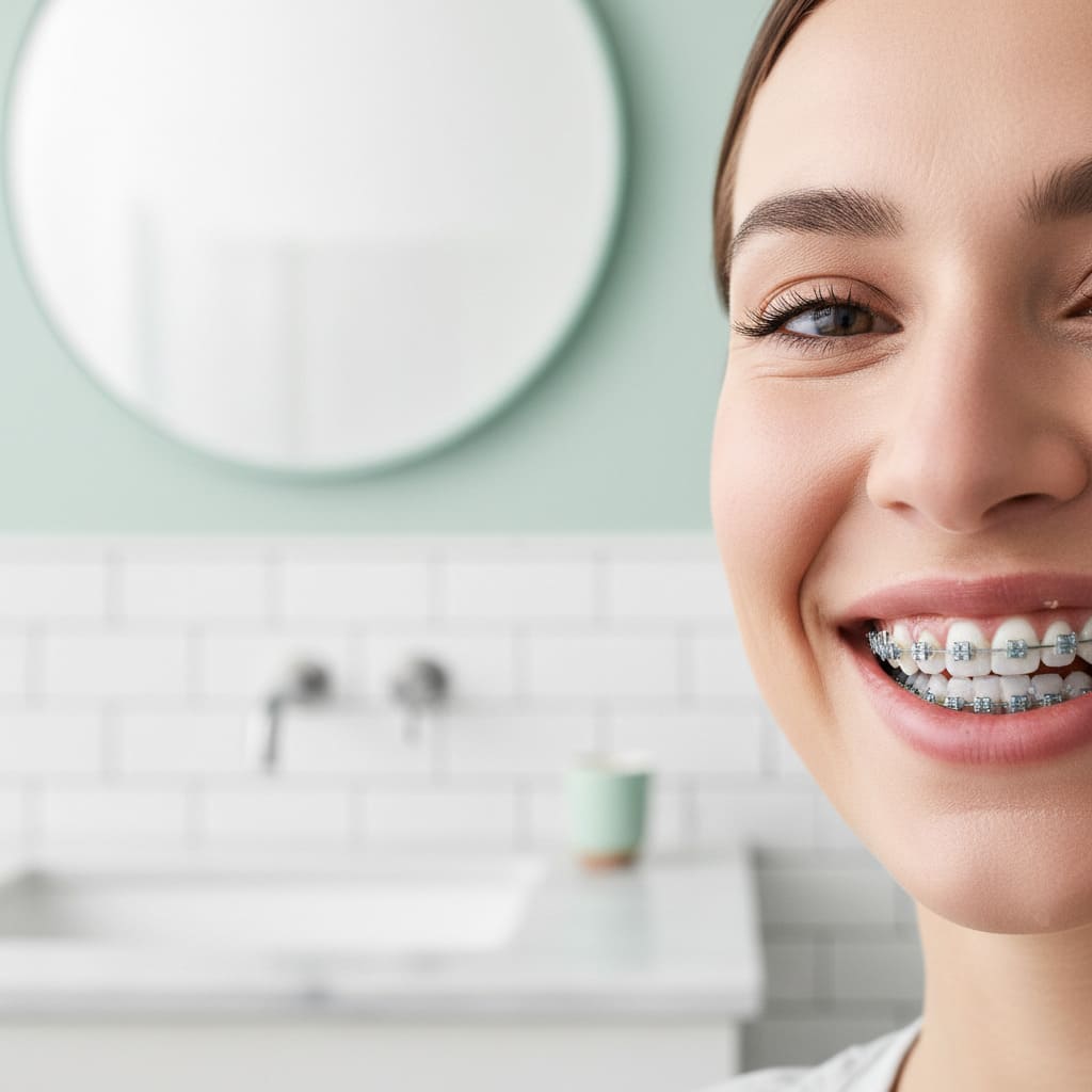 Young person smiling with braces showing healthy teeth for orthodontic water flosser guide