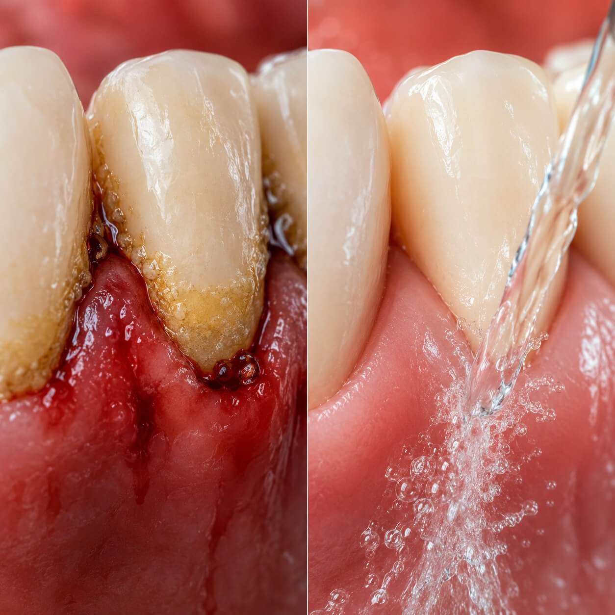 3D medical illustration showing a gentle water flosser stream treating swollen, red bleeding gums and reversing early gingivitis.
