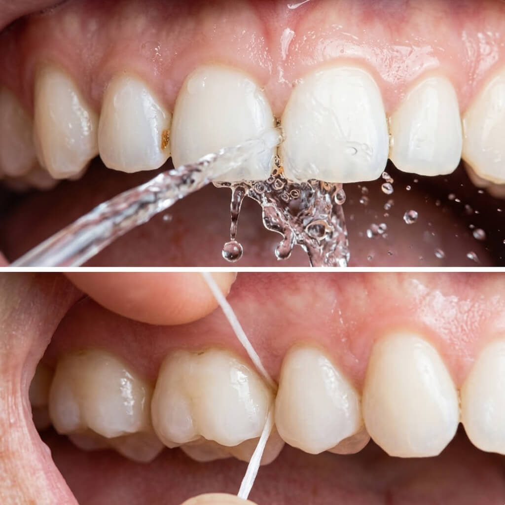 A close-up comparison of two cleaning methods. The top image shows a water flosser spraying high-pressure water between teeth. The bottom image shows traditional string floss scraping against the gumline.