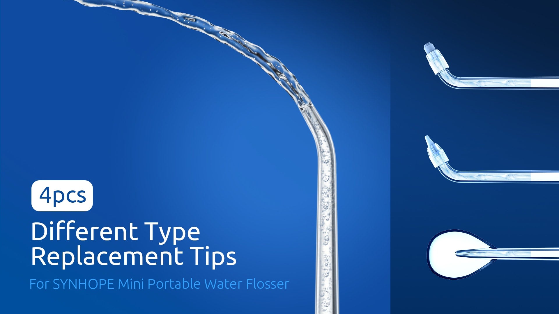SYNHOPE Mini Portable Water Flosser replacement tips with pulsation technology for comprehensive oral care at home or travel