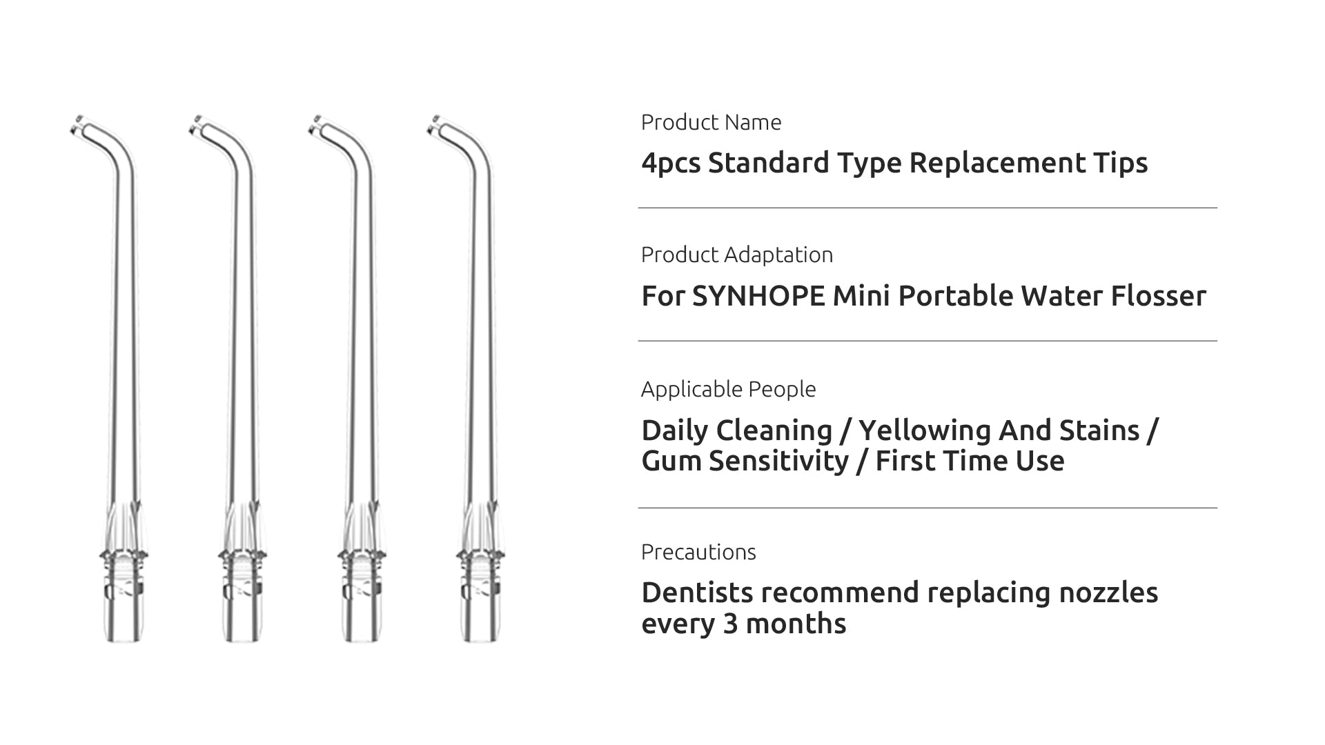 4 Standard Replacement Tips for SYNHOPE Mini Portable Water Flosser – Essential for Daily Oral Care & Gum Health